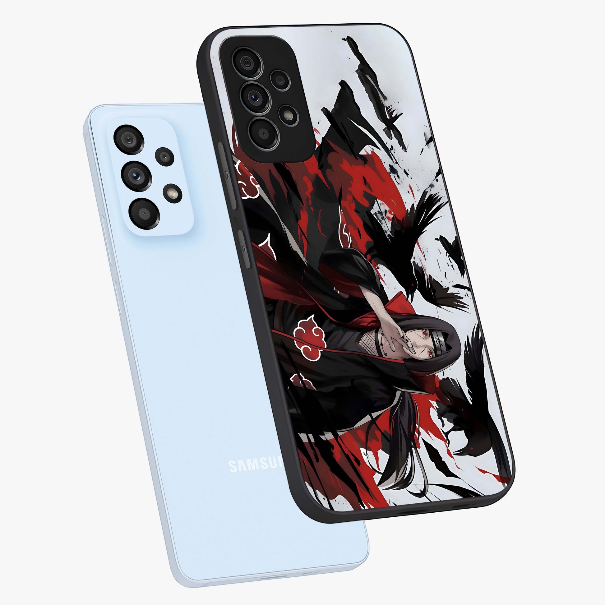 Crimson Crow Illusion Glass Case displayed in angled mockup highlighting mysterious crow graphic with dark aesthetic style.