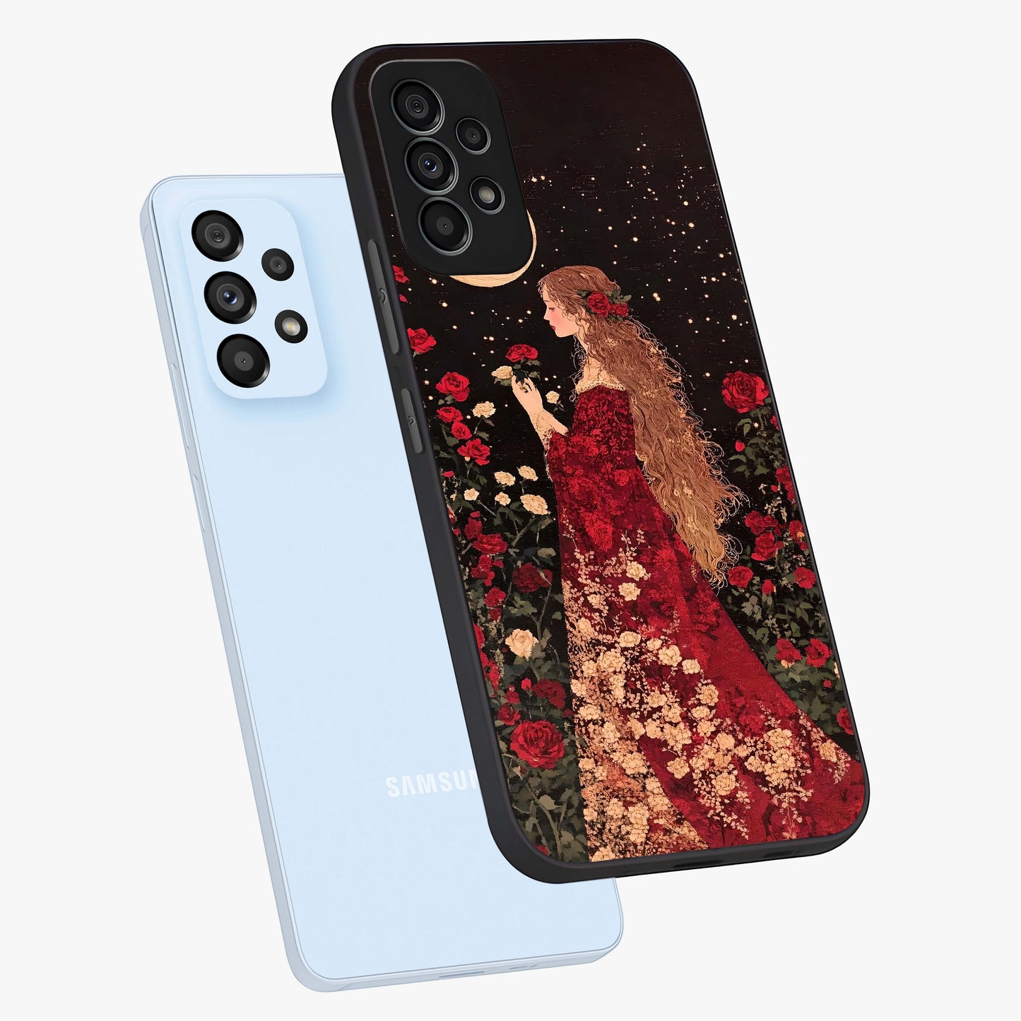 Crimson Dreams Glass Case displayed in angled mockup highlighting soft crimson aesthetic design with artistic theme.