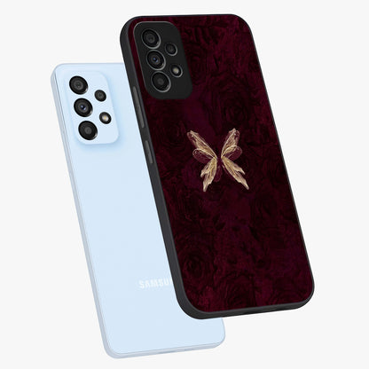 Crimson Fade Butterfly Glass Case displayed in angled mockup highlighting elegant butterfly design with crimson gradient aesthetic.