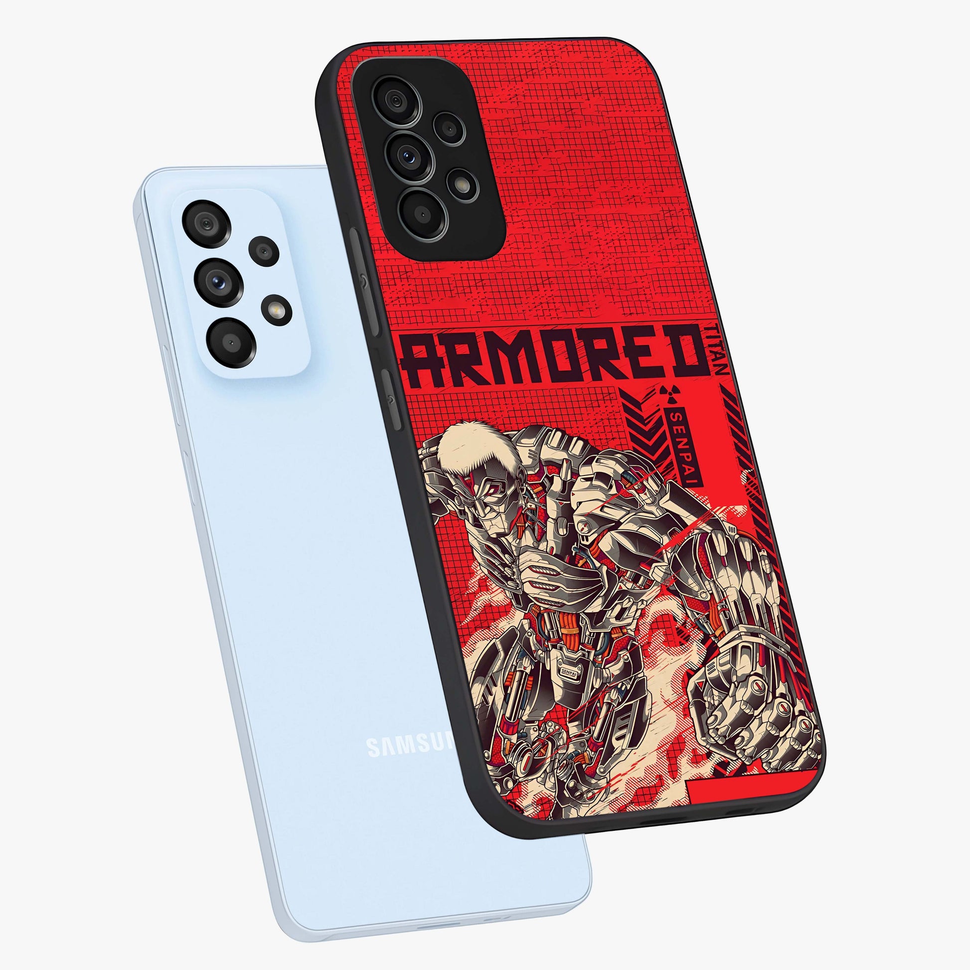 Crimson Mecha Titan Glass Case displayed in angled mockup highlighting futuristic mech illustration with bold crimson aesthetic.