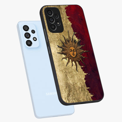 Crimson Sun Majesty Glass Case displayed in angled mockup highlighting majestic crimson sun design with bold aesthetic style.