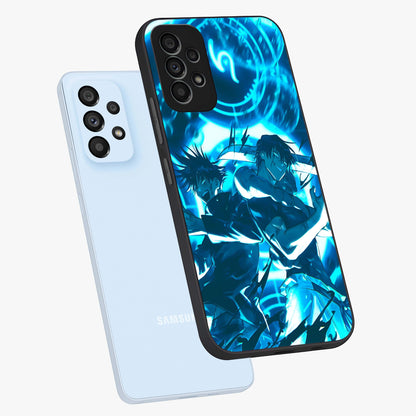 Cursed Energy Clash Glass Case displayed in angled mockup highlighting powerful battle inspired graphic with anime style aesthetic.