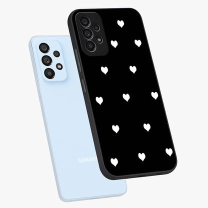 Cute And Simple White Hearts Glass Case displayed in angled mockup highlighting cute heart design with clean aesthetic style.