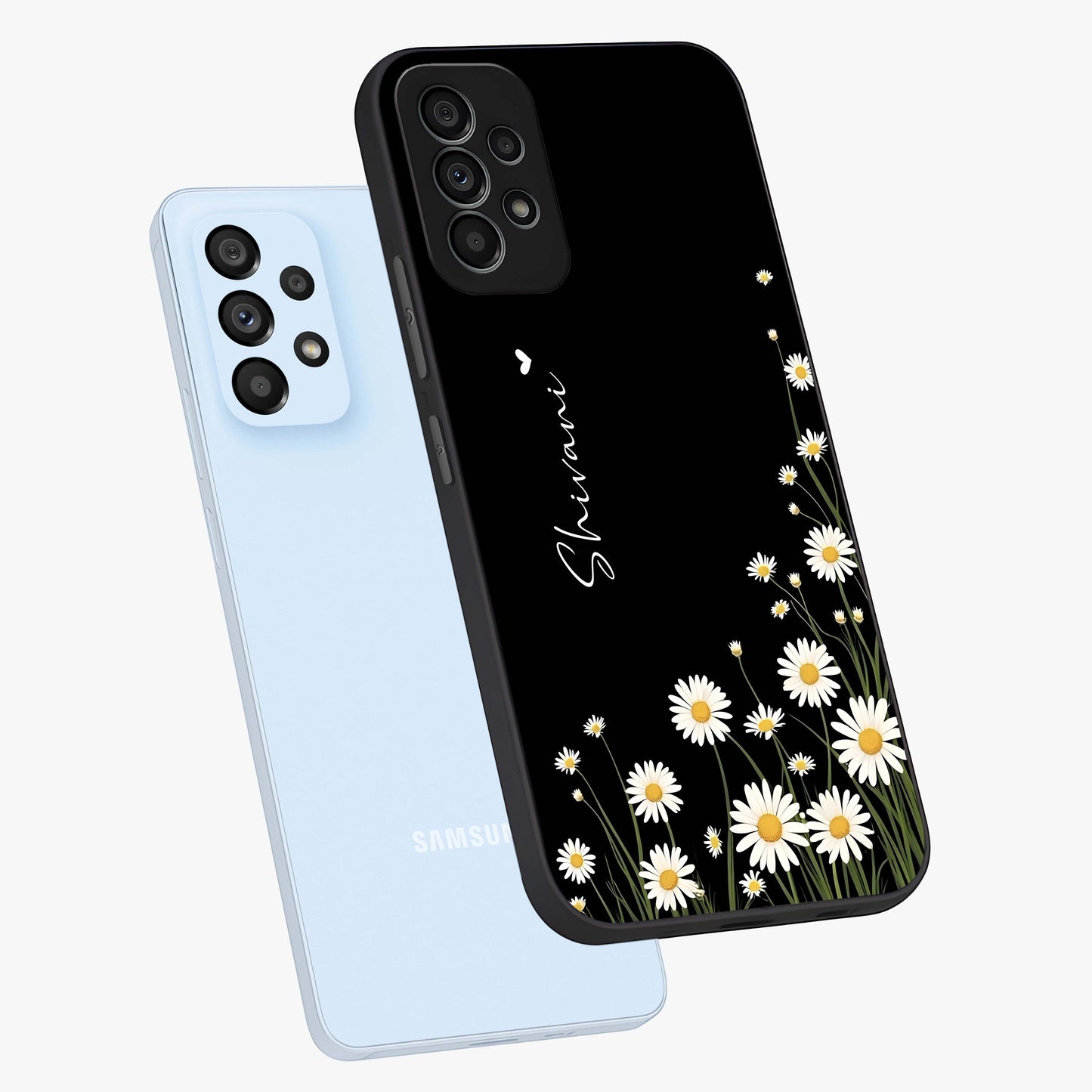 Daisy Cascade Custom Name Glass Case displayed in angled mockup highlighting delicate daisy artwork with custom name feature.