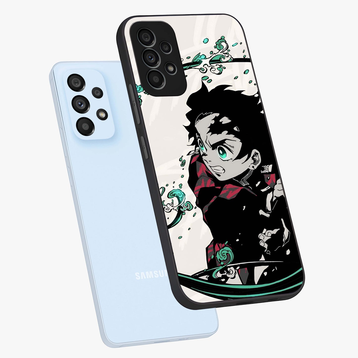 Demon Slayer Glass Case displayed in angled mockup highlighting dramatic anime character design with action aesthetic.