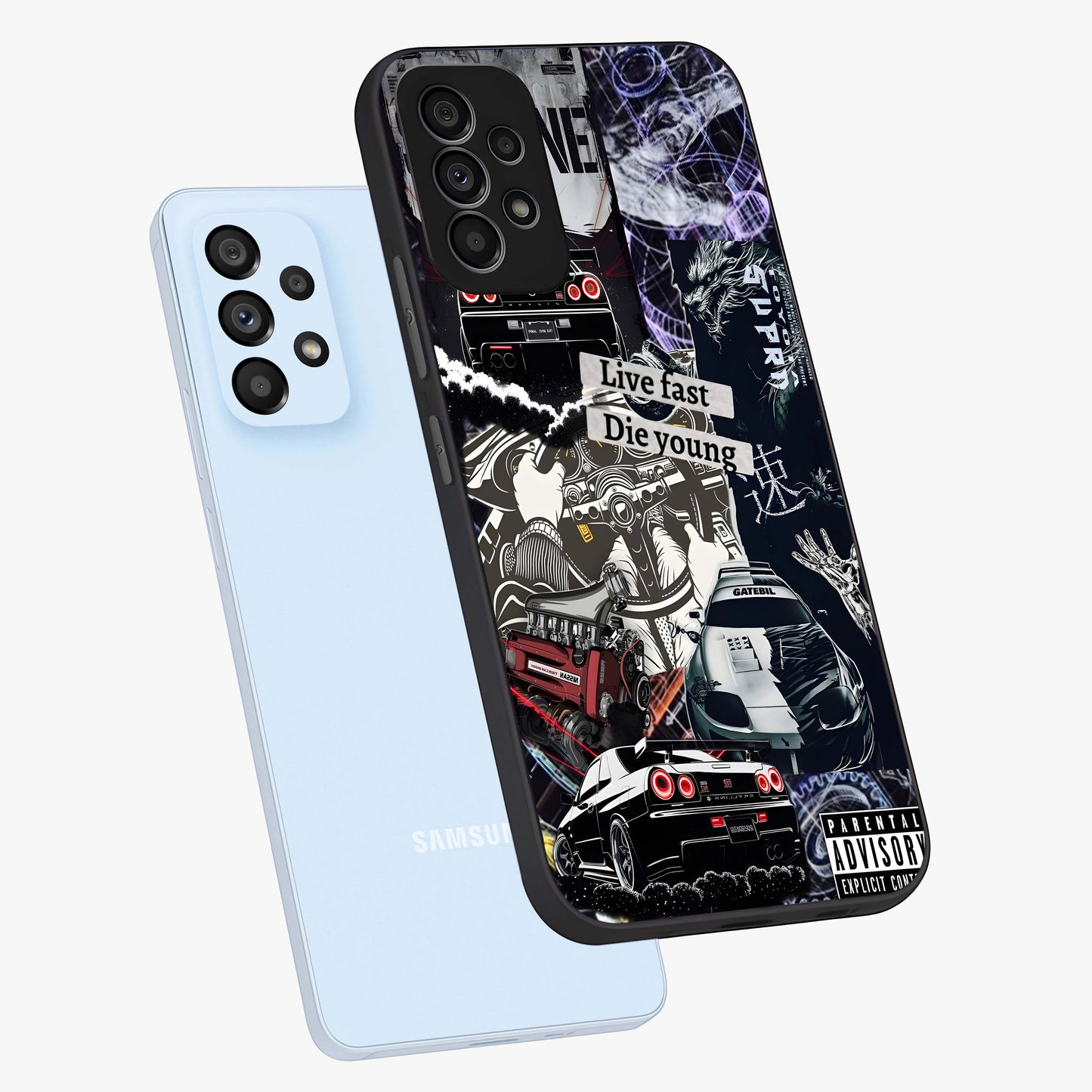 Die Young Glass Case displayed in angled mockup highlighting expressive graphic artwork with edgy aesthetic style.