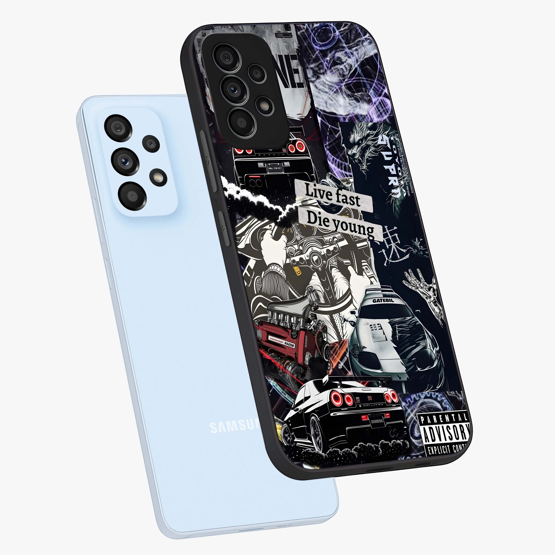 Die Young Glass Case displayed in angled mockup highlighting expressive graphic artwork with edgy aesthetic style.