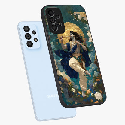 Divine Krishna Art Glass Case displayed in angled mockup highlighting spiritual Krishna illustration with devotional aesthetic.