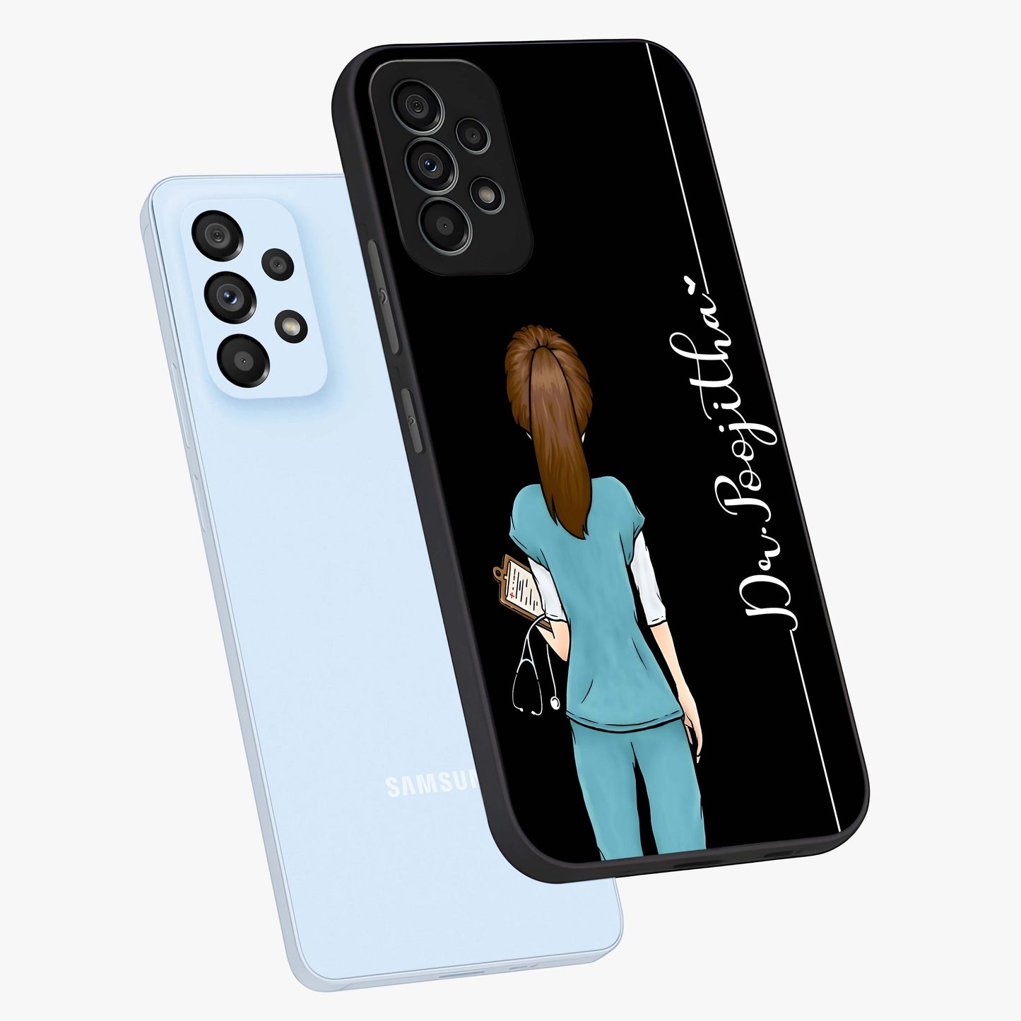 Doctor Pattern Custom Name Glass Case displayed in angled mockup highlighting doctor inspired artwork with custom name feature.