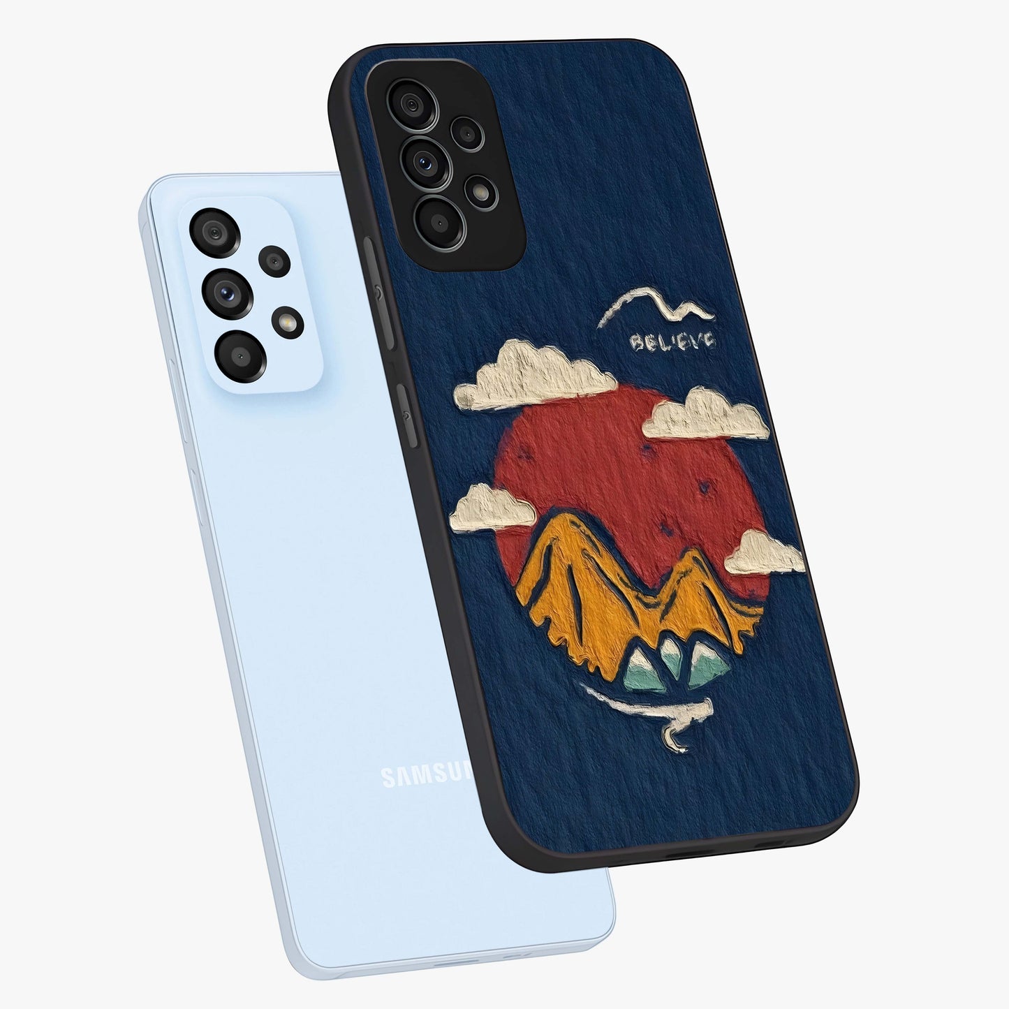 Dream Beyond Mountains Glass Case displayed in angled mockup highlighting dreamy mountain illustration with peaceful aesthetic.