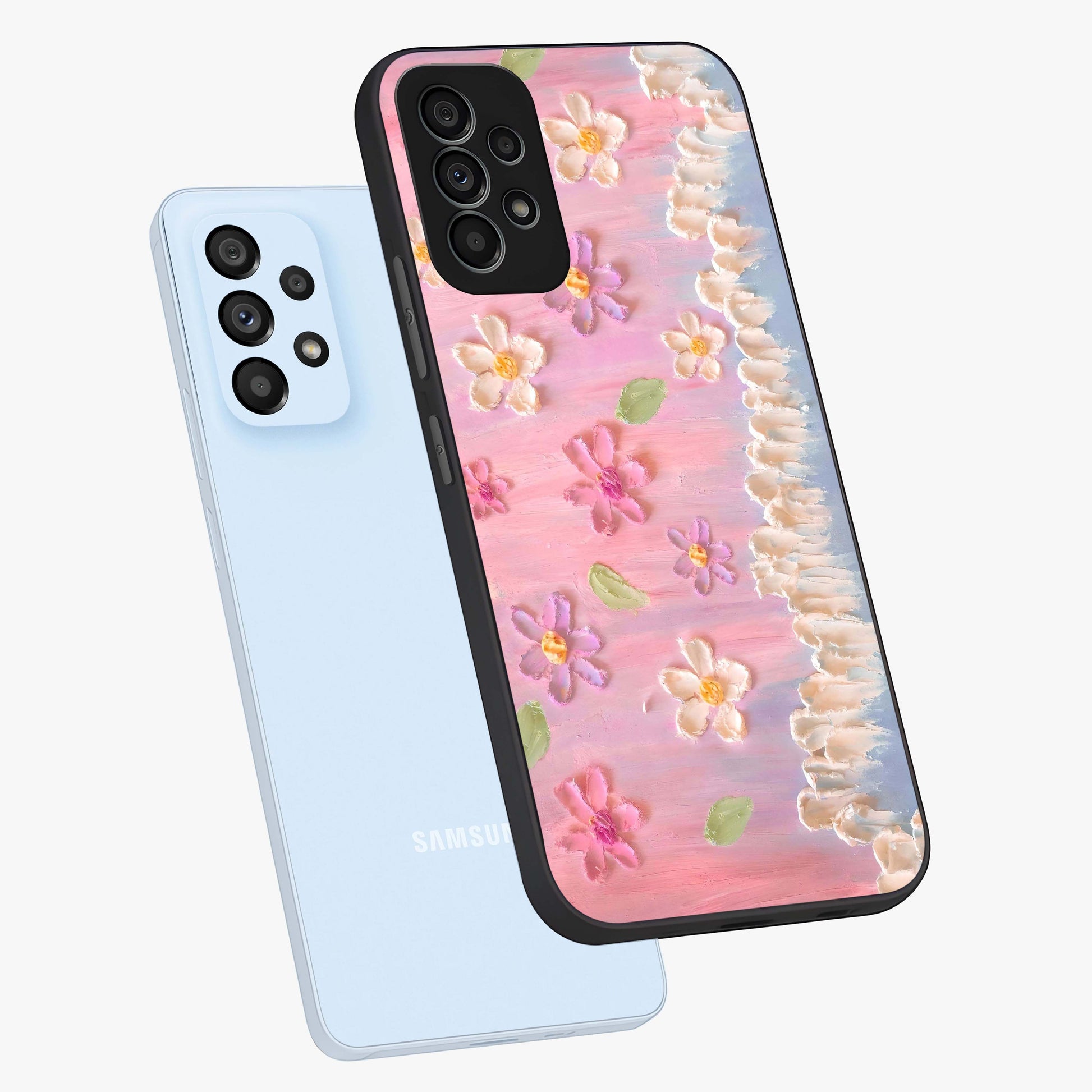 Dreamy Painted Garden Glass Case displayed in angled mockup highlighting colorful garden illustration with dreamy aesthetic style.