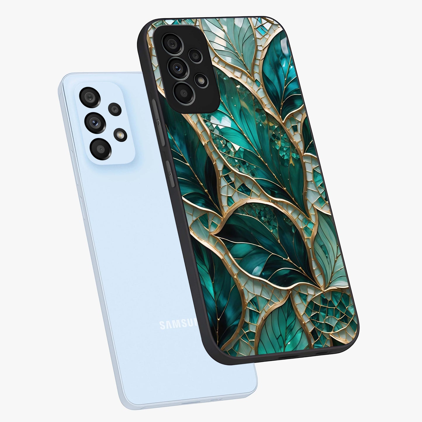 Emerald Leaf Glass Glass Case displayed in angled mockup highlighting botanical leaf illustration with elegant natural aesthetic.