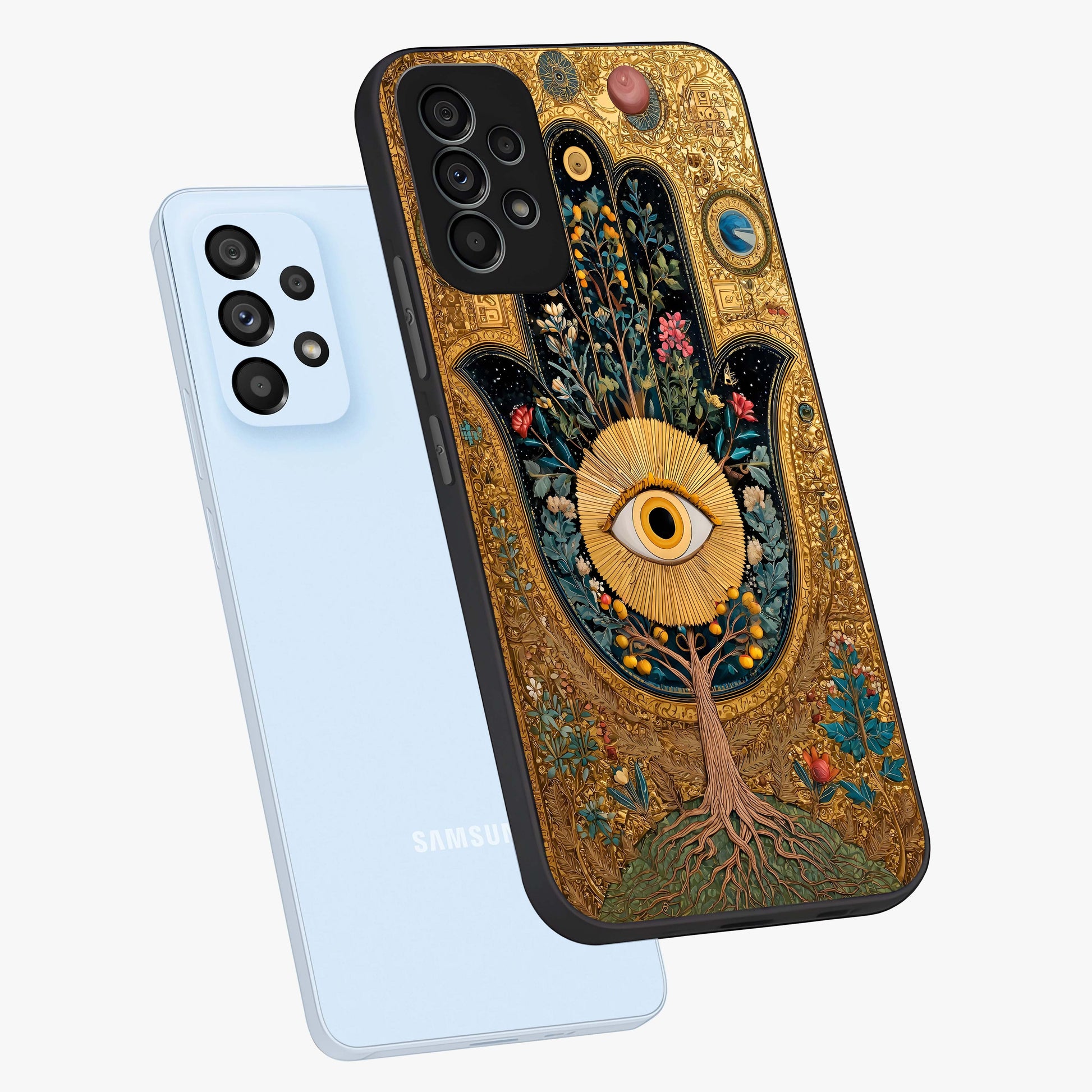 Ethereal Evil Eye Glass Case displayed in angled mockup highlighting protective evil eye symbol with spiritual aesthetic design.