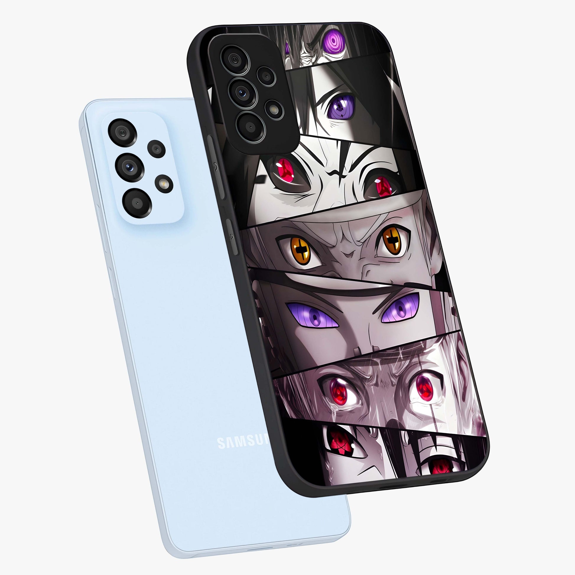 Eyes of Destiny Glass Case displayed in angled mockup highlighting bold eye illustration with mystical aesthetic style.