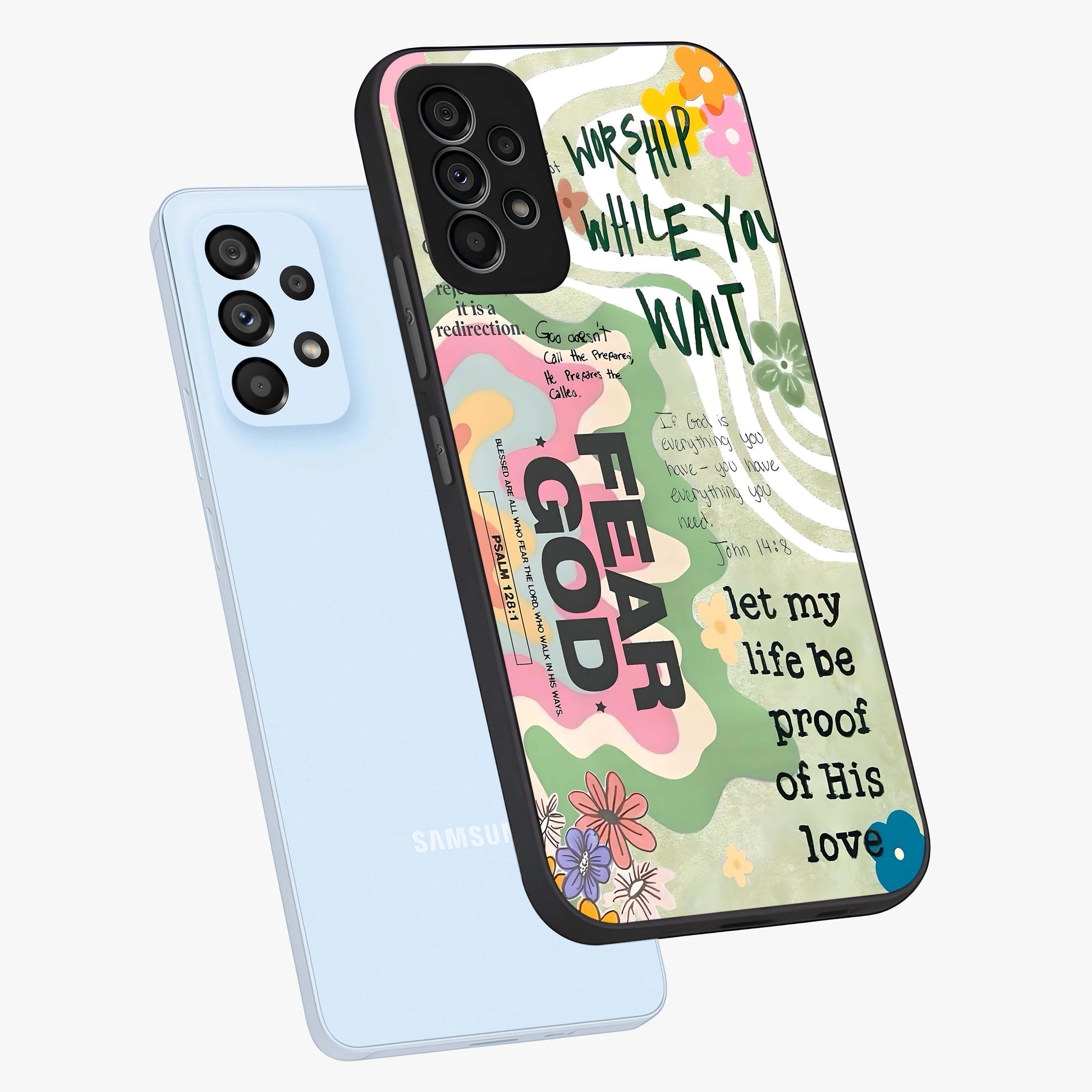Faith Over Fear Glass Case displayed in angled mockup highlighting inspirational message design with modern aesthetic style.