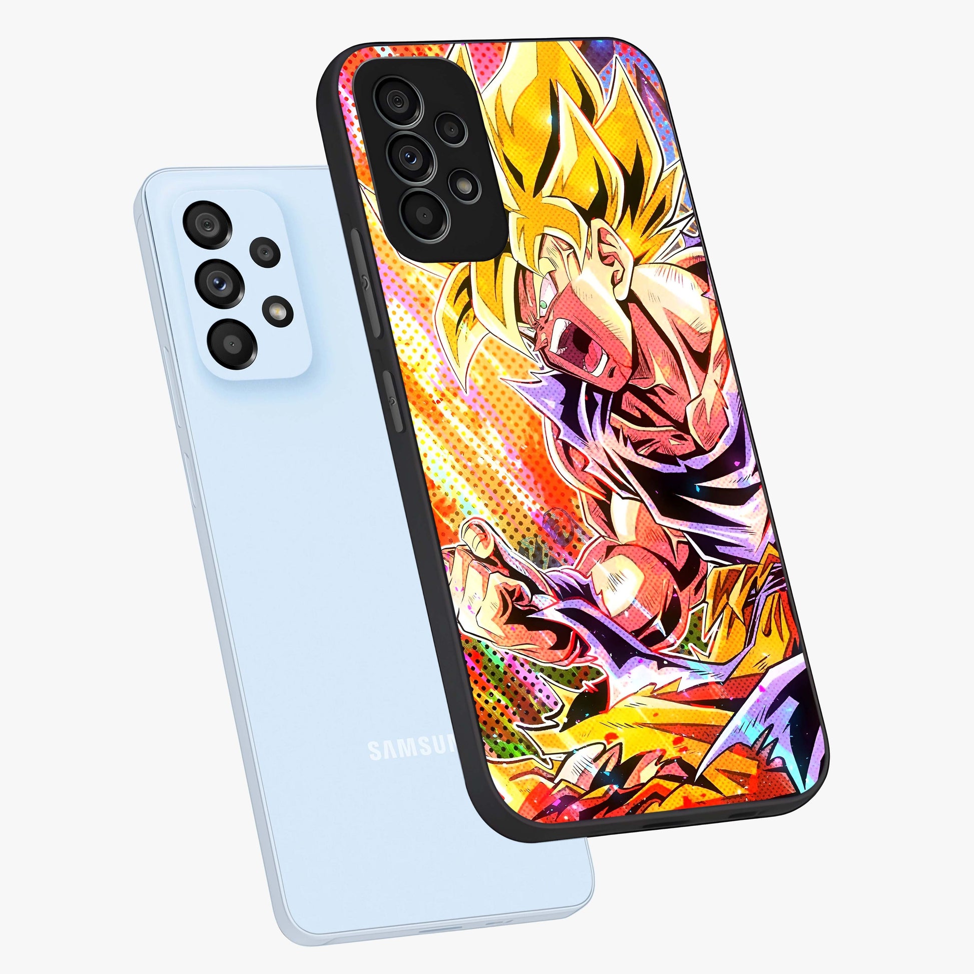 Firing Goku Glass Case displayed in angled mockup highlighting dynamic anime character design with action aesthetic.