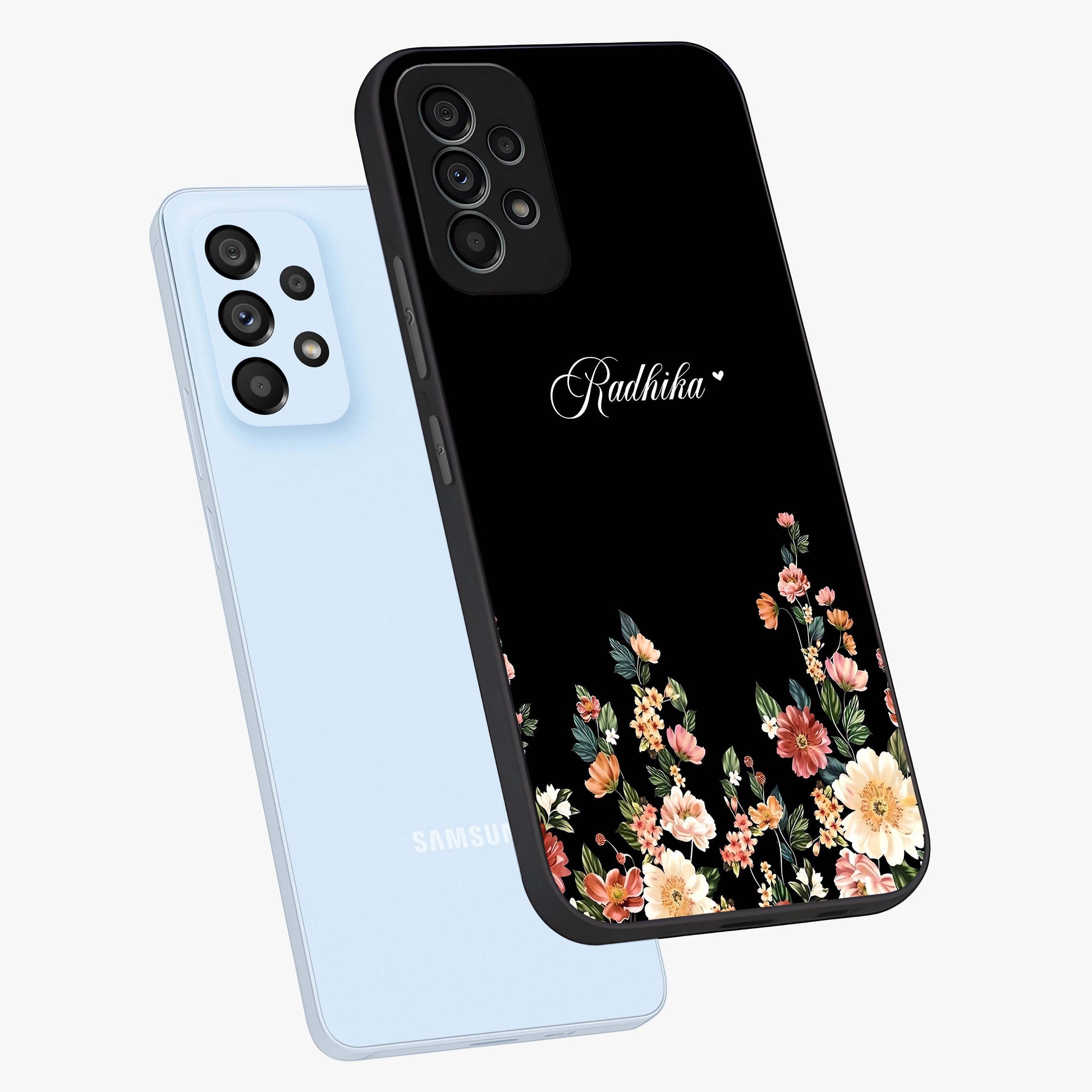Floral Design With a Custom Personalized Name Glass Case displayed in angled mockup highlighting elegant floral pattern with custom name feature.