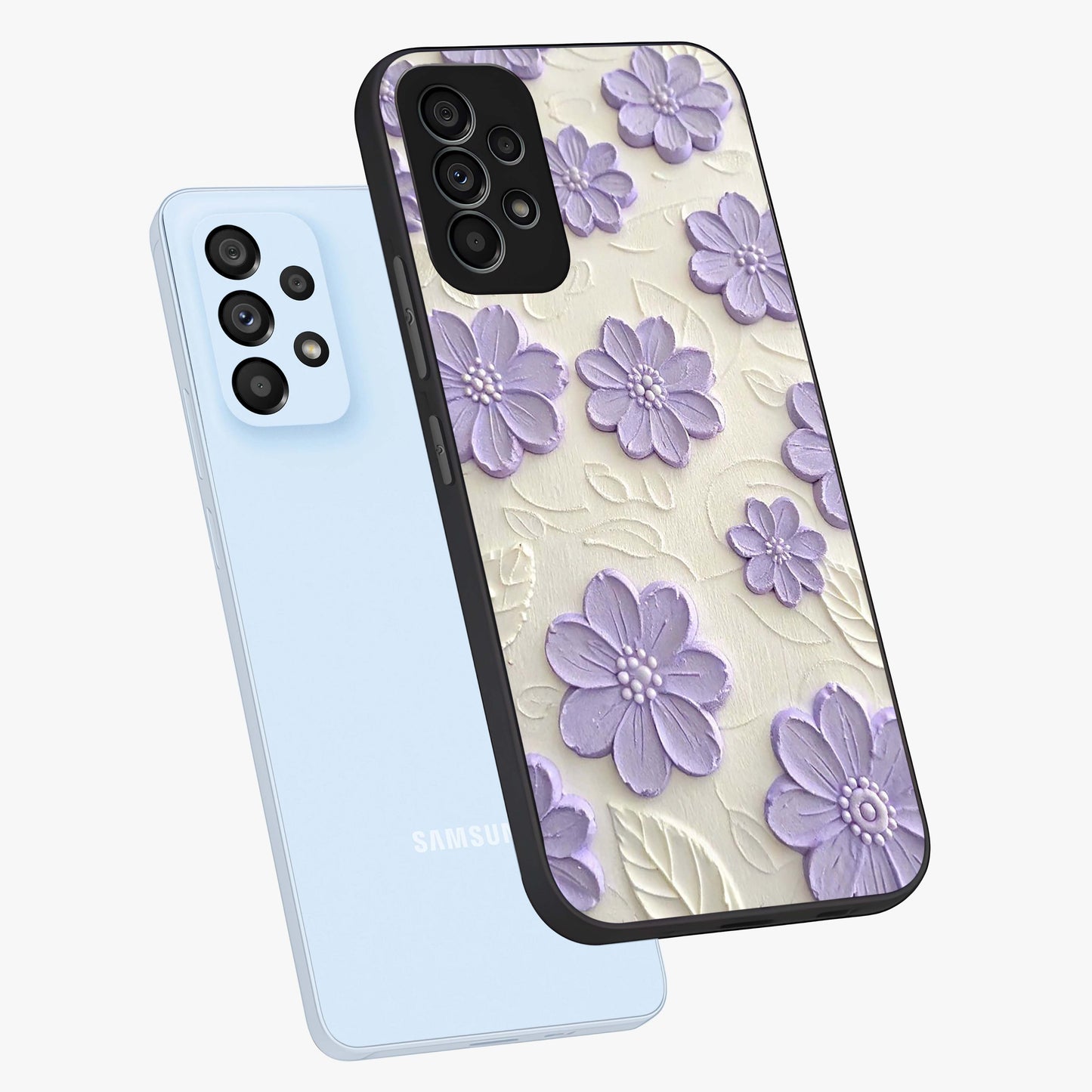 Floral Wall Art With Purple Flowers Glass Case displayed in angled mockup highlighting vibrant purple floral illustration with artistic aesthetic.