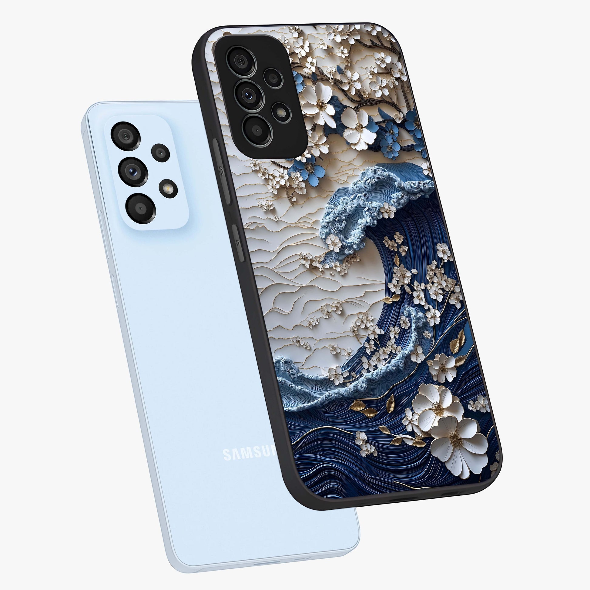 Floral Wave Origami Glass Case displayed in angled mockup highlighting geometric origami flower design with modern aesthetic style.