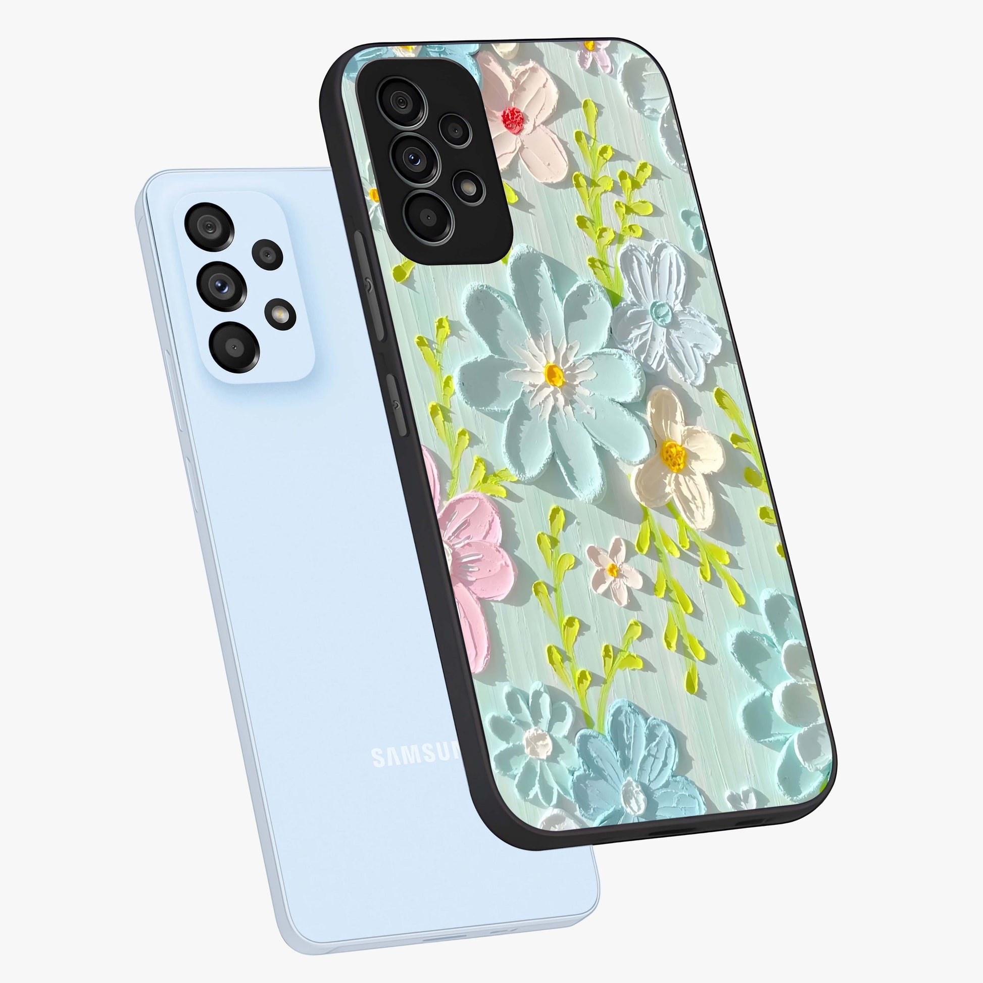 Frosted Petal Garden Glass Case displayed in angled mockup highlighting delicate flower petal design with calm garden aesthetic.