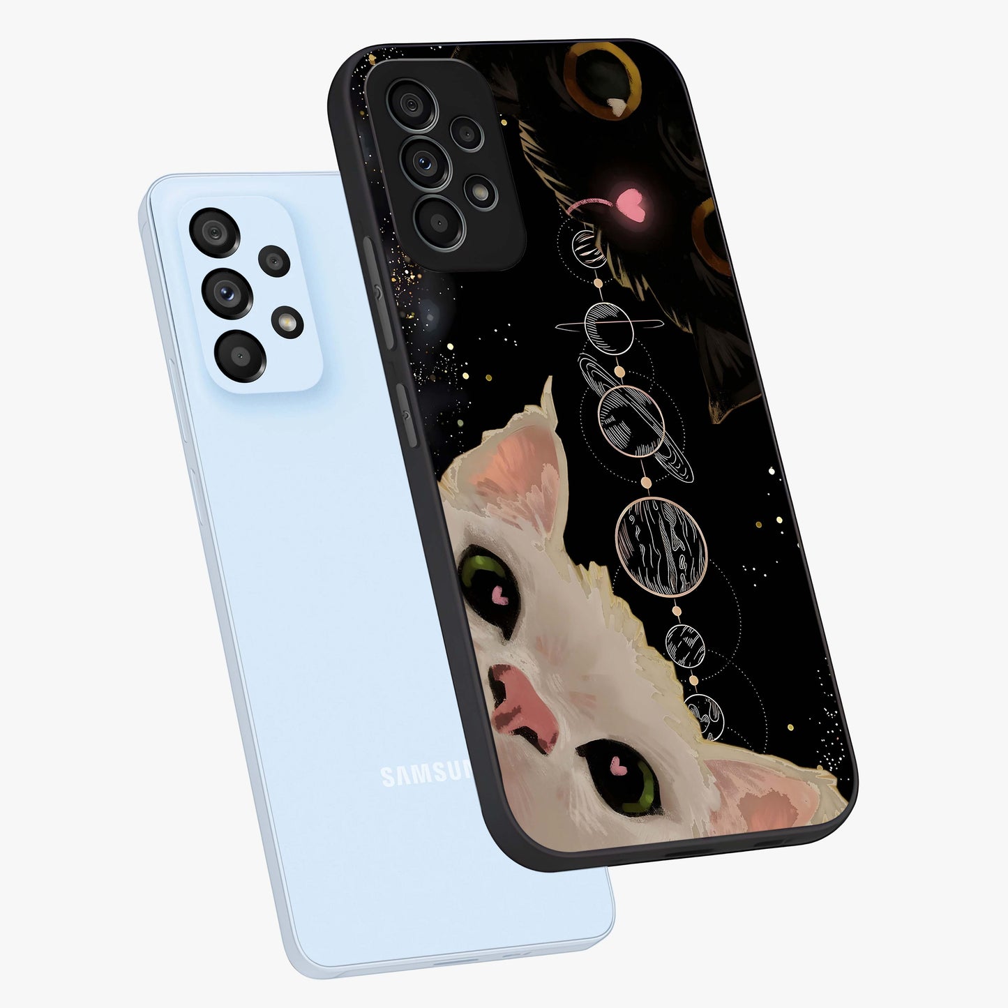 Galactic Cat Glass Case displayed in angled mockup highlighting celestial feline illustration with galaxy aesthetic style.