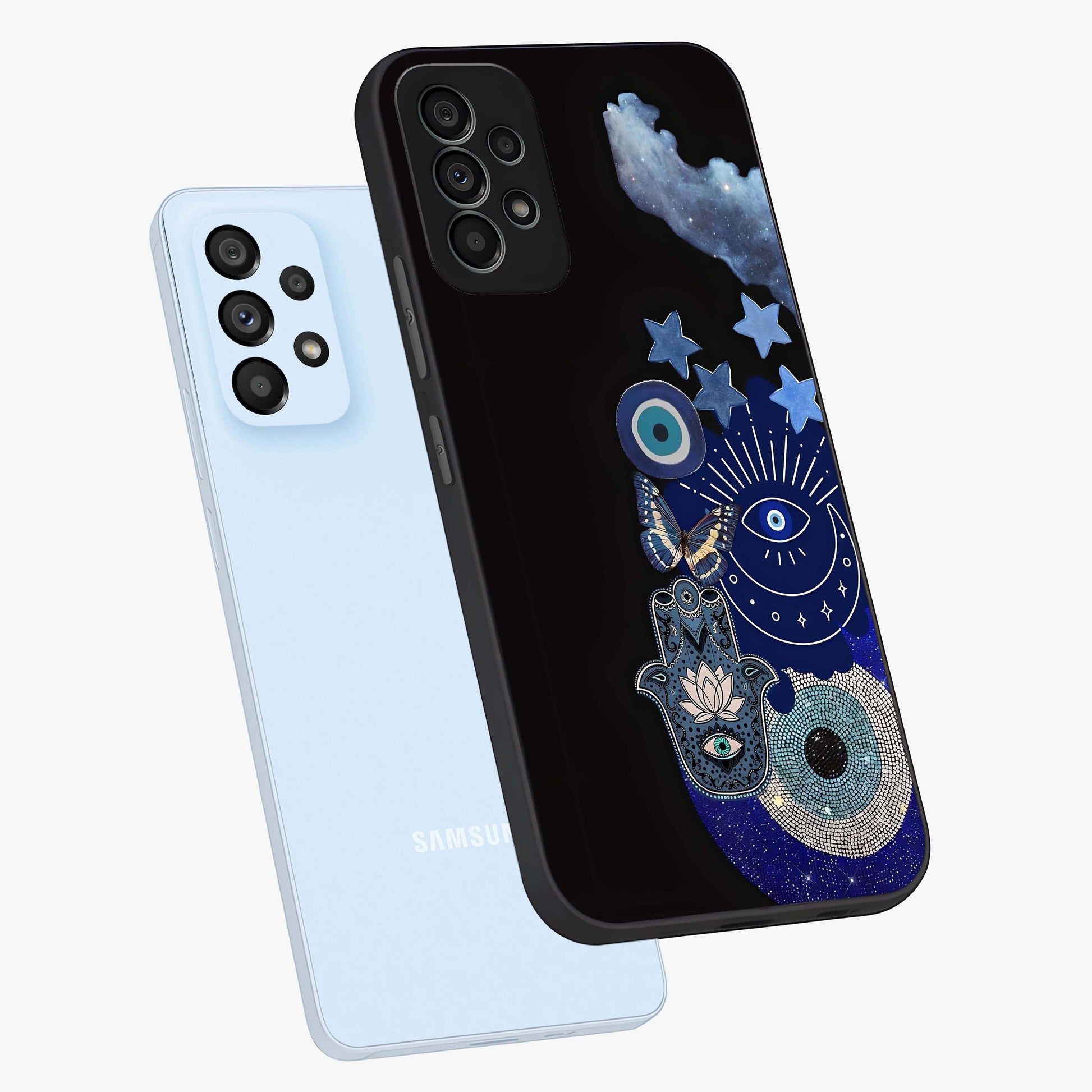 Galactic Charm Cluster Glass Case displayed in angled mockup highlighting luminous galaxy inspired design with dreamy aesthetic.