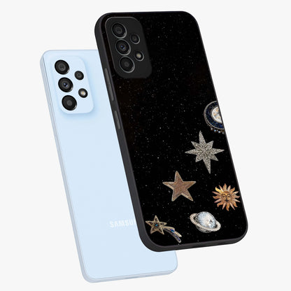 Galactic Charm Glow Glass Case displayed in angled mockup highlighting luminous galaxy inspired design with dreamy aesthetic.