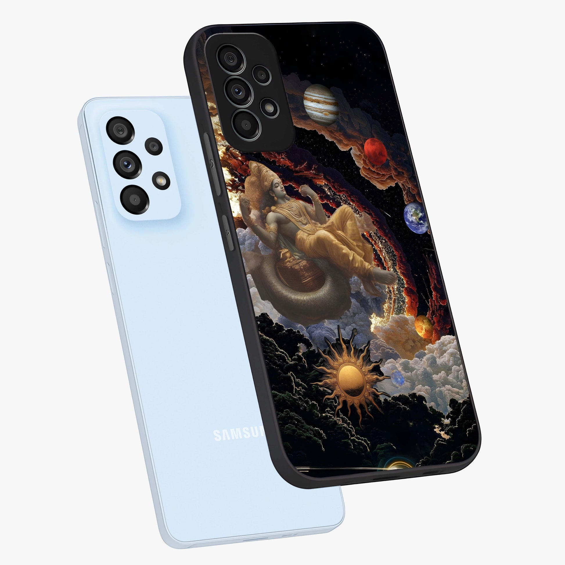 Galactic Divine God Glass Case displayed in angled mockup highlighting powerful celestial deity illustration with galactic aesthetic.