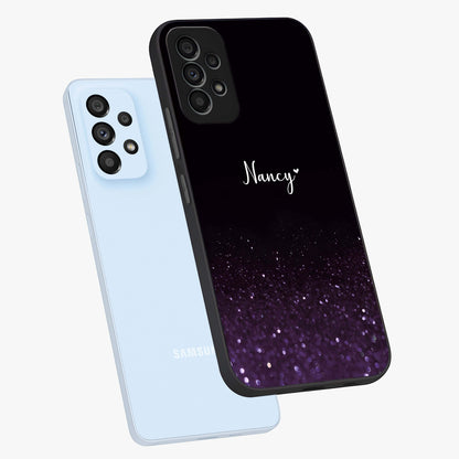 Glittery Purple Bokeh Custom Name Glass Case displayed in angled mockup highlighting glitter bokeh pattern with custom name feature.