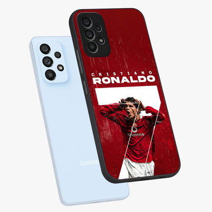 Goal Celebration Legacy Glass Case displayed in angled mockup highlighting energetic sports celebration design with bold athletic theme.