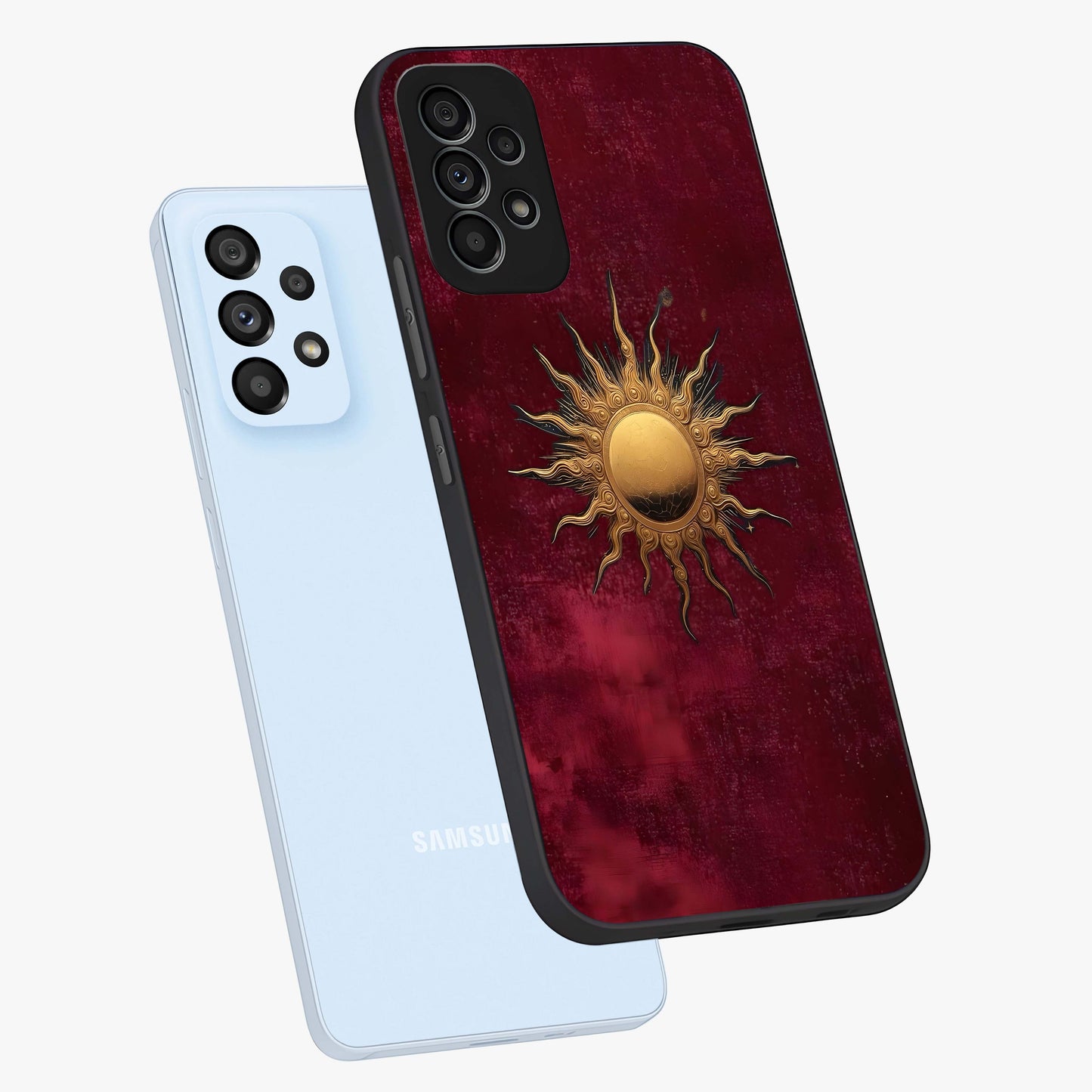 Golden Sun Minimalism Glass Case displayed in angled mockup highlighting clean sun symbol design with modern minimal aesthetic.