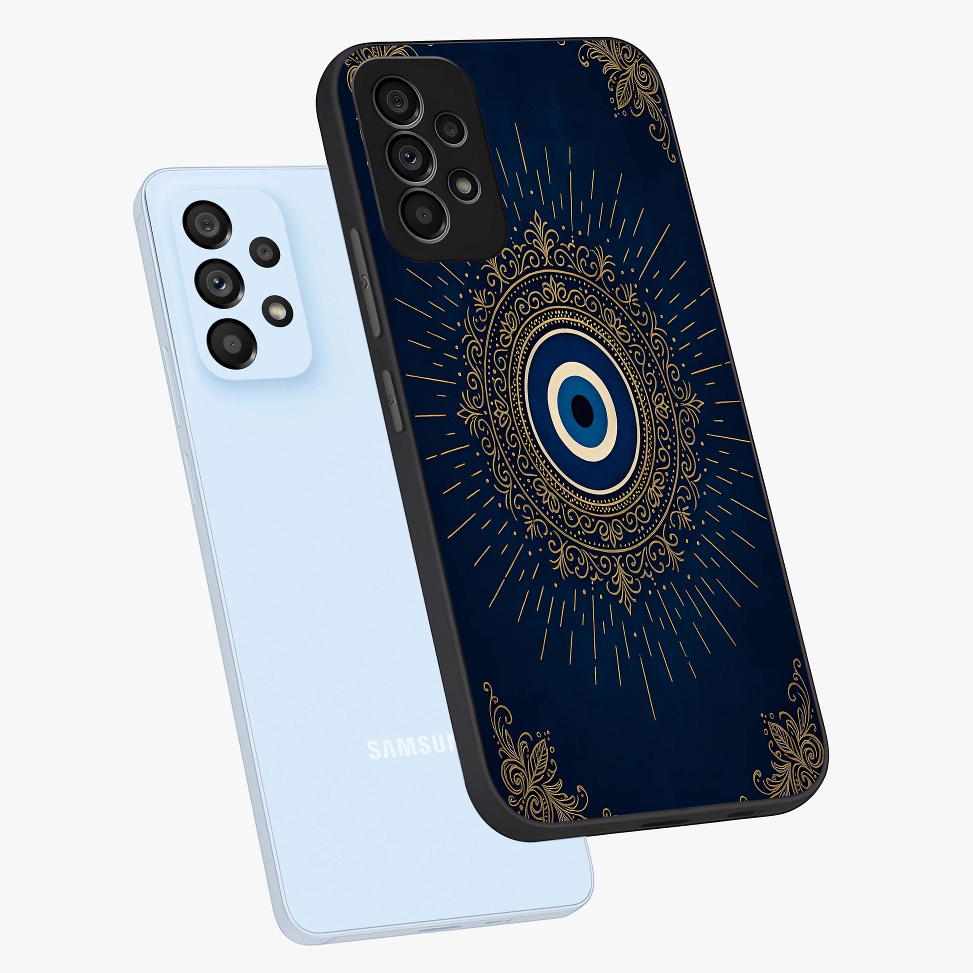 Golden Celestial Charm Glass Case displayed in angled mockup highlighting sparkling cosmic charm design with celestial aesthetic.