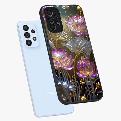 Golden Floral Majesty Glass Case displayed in angled mockup highlighting elegant flower design with royal golden aesthetic.