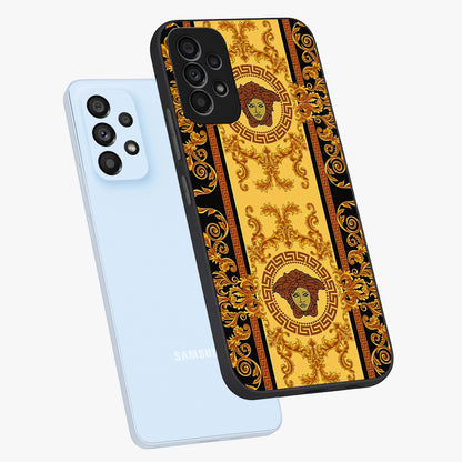 Golden Lotus Glow Glass Case displayed in angled mockup highlighting radiant lotus illustration with spiritual aesthetic.