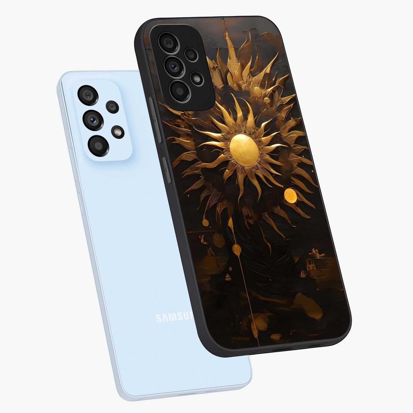 Golden Sun Majesty Glass Case displayed in angled mockup highlighting eerie shadow illustration with gothic aesthetic.