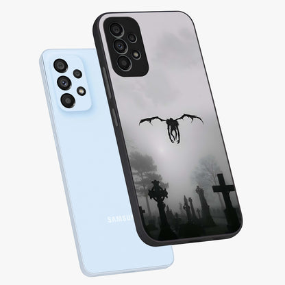 Graveyard Shadow Descent Glass Case displayed in angled mockup highlighting eerie shadow illustration with gothic aesthetic.
