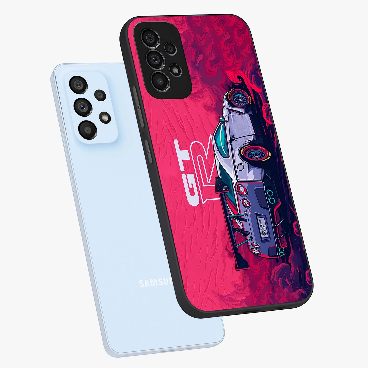GT-R Car Pattern Glass Case displayed in angled mockup highlighting racing car graphic design with bold automotive aesthetic.
