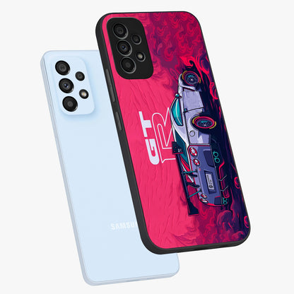 GT-R Car Pattern Glass Case displayed in angled mockup highlighting racing car graphic design with bold automotive aesthetic.