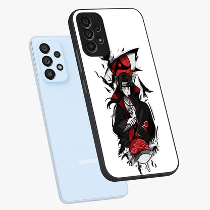 Itachi Limited Edition Naruto Anime Glass Case displayed in angled mockup highlighting dramatic anime illustration with bold action aesthetic.