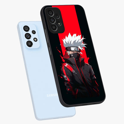 Kakashi Scarlet Shadow Glass Case displayed in angled mockup highlighting dramatic ninja illustration with scarlet themed aesthetic.