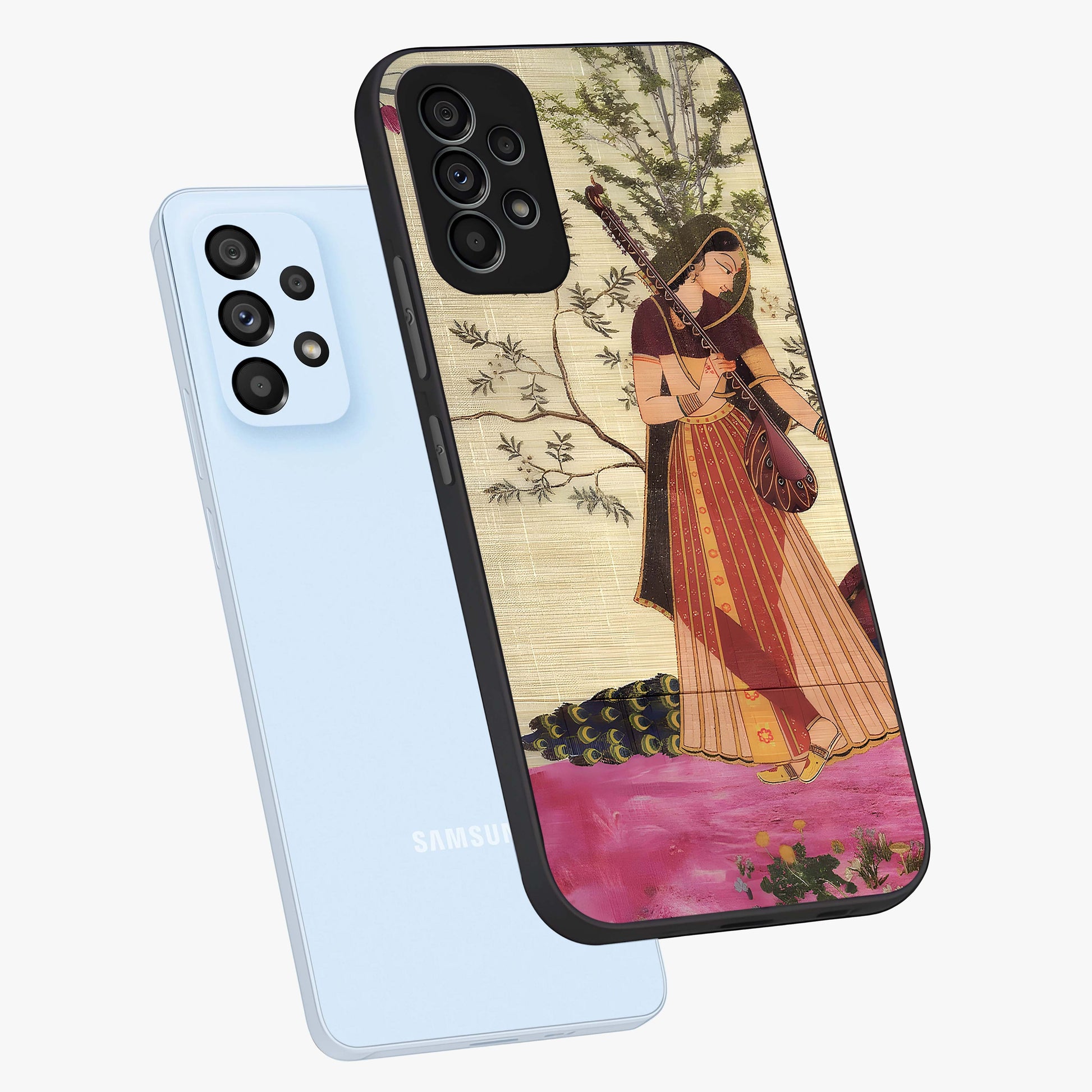 Lady With Veena Art Glass Case displayed in angled mockup highlighting graceful musical illustration with cultural artistic aesthetic.