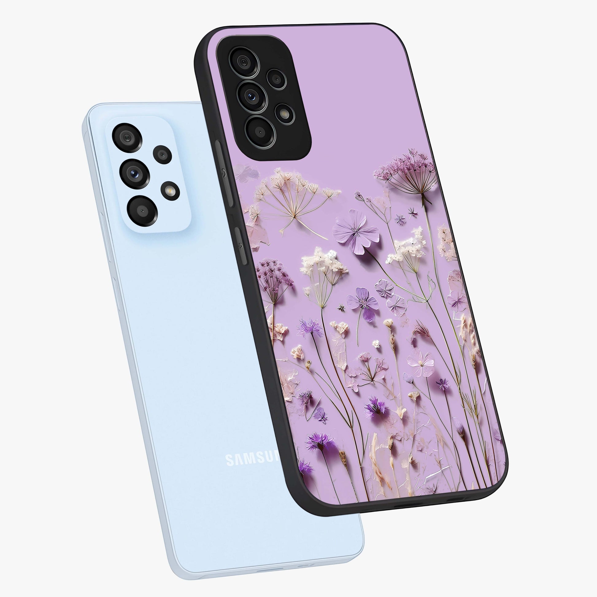 Lavender Blossom Dream Glass Case displayed in angled mockup highlighting dreamy lavender flower design with calming aesthetic style.