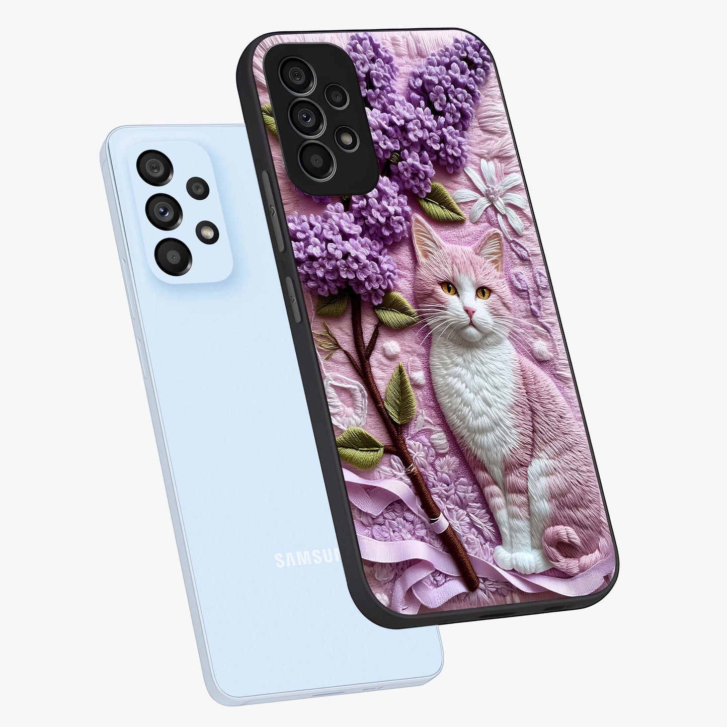 Lavender Cat Whimsy Glass Case displayed in angled mockup highlighting playful feline illustration with pastel lavender aesthetic.