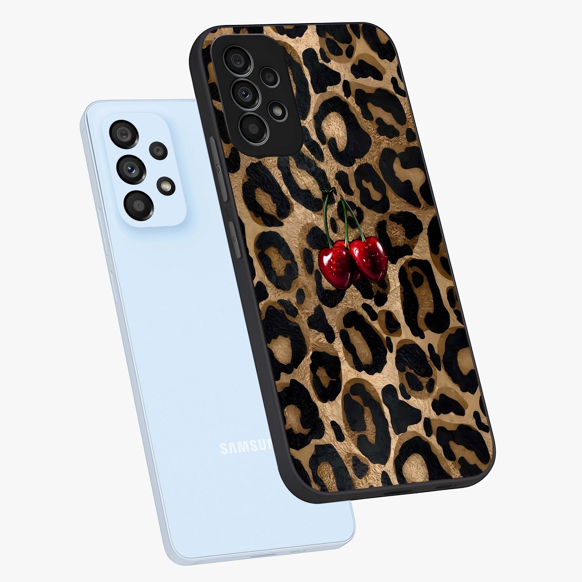 Leopard Wild Cherry Glass Case displayed in angled mockup highlighting bold animal print design with playful cherry aesthetic.
