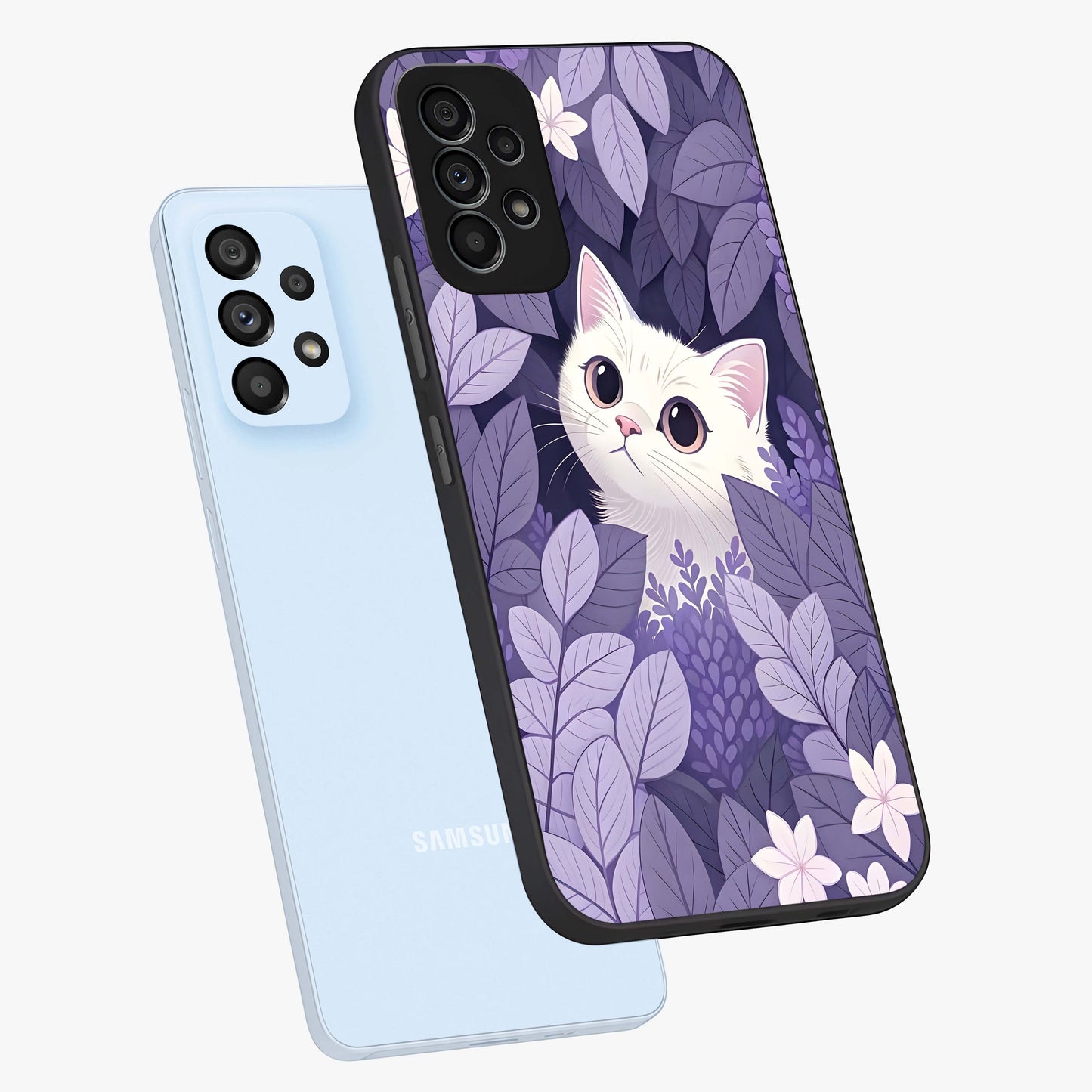 Lilac Hide Peek Cat Glass Case displayed in angled mockup highlighting playful feline illustration with lilac aesthetic design.