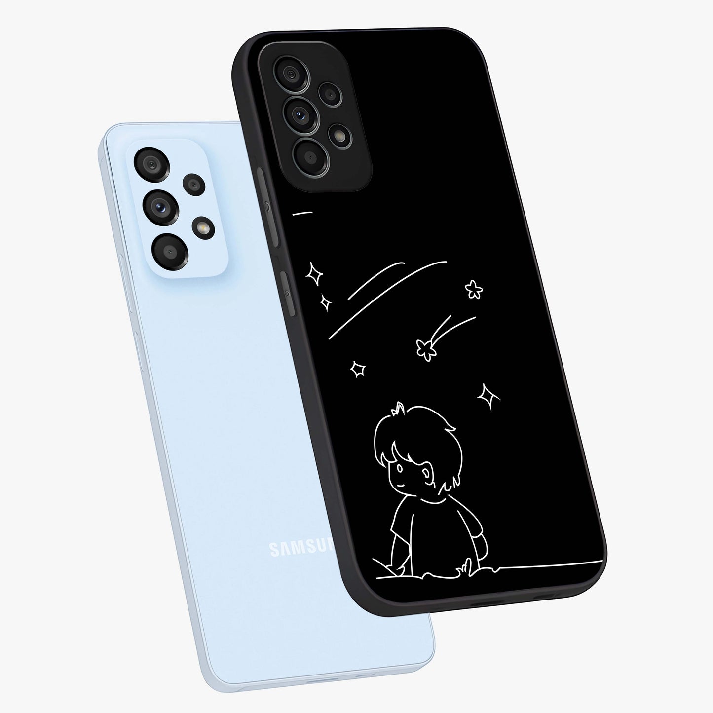 Line Art Boy With Shooting Stars Glass Case displayed in angled mockup highlighting elegant line art design with dreamy star aesthetic.
