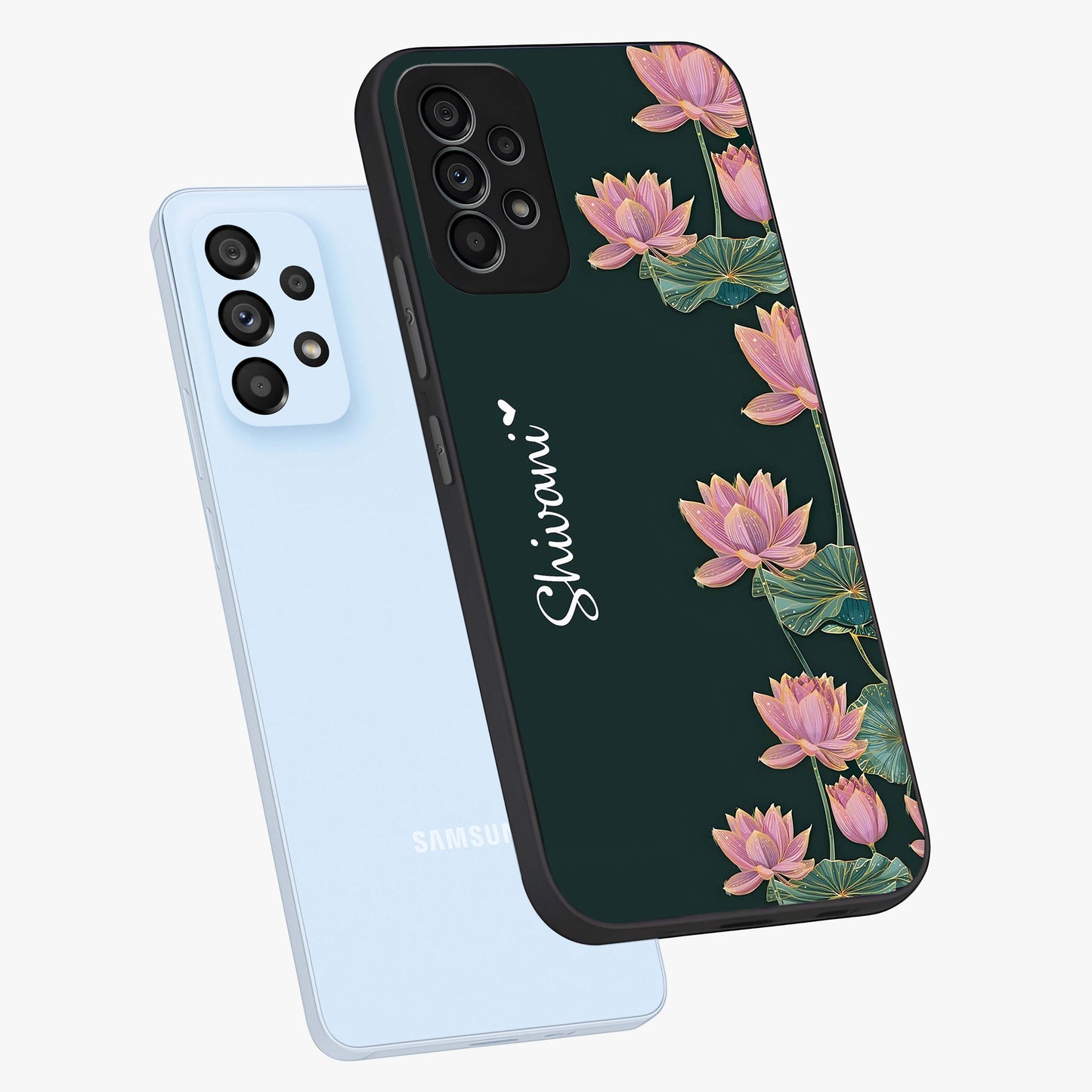 Lotus Bloom Serenity Custom Name Glass Case displayed in angled mockup highlighting graceful lotus illustration with custom name feature.
