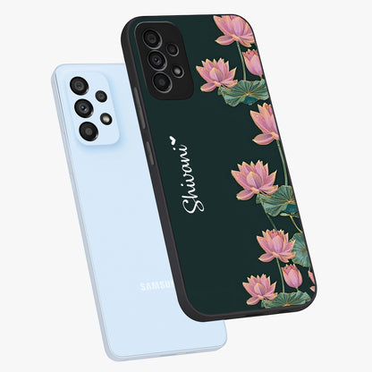Lotus Bloom Serenity Custom Name Glass Case displayed in angled mockup highlighting graceful lotus illustration with custom name feature.