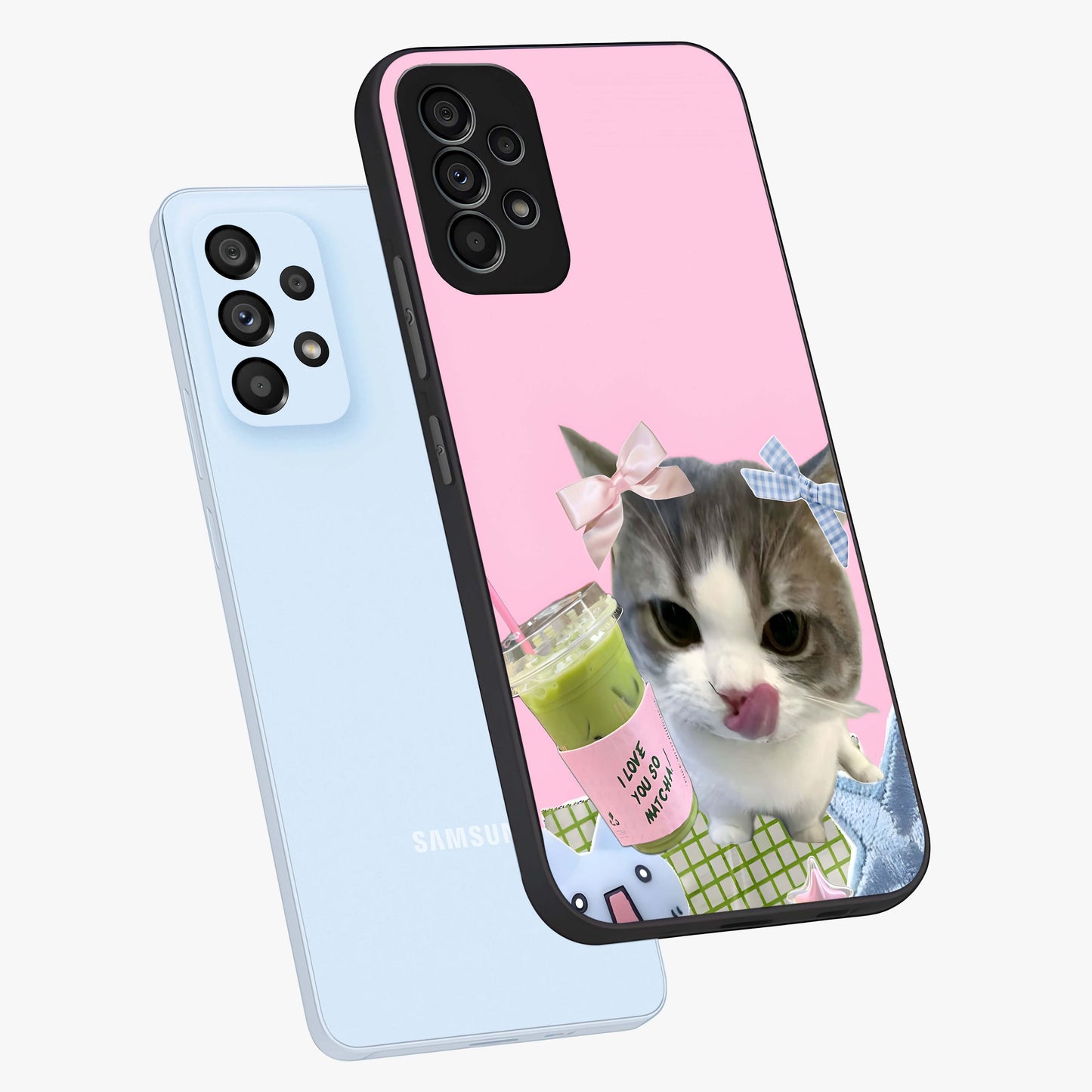 Love Matcha Cat Glass Case displayed in angled mockup highlighting playful feline illustration with cozy matcha aesthetic.