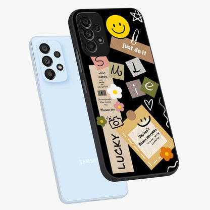 Lucky Aesthetic Collage Glass Case displayed in angled mockup highlighting stylish collage pattern with modern aesthetic vibe.